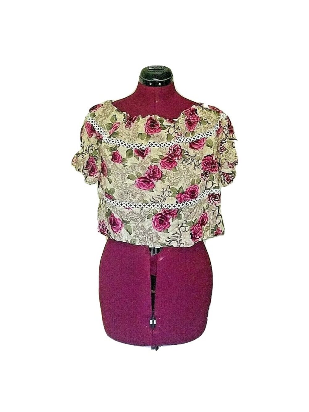 One Way Women's Size 10 Multicolor Floral Cropped Blouse Top Crochet Trim